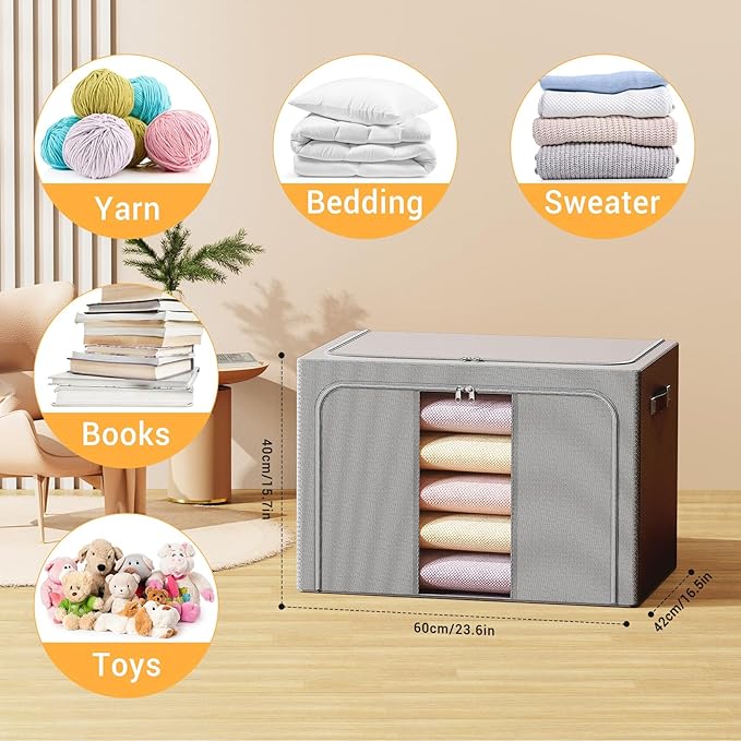 Clothes Storage Bins with Metal Frame, 100L, 3 Pack, Deep Grey
