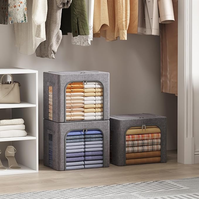 Lifewit Clothes Storage Bins with Metal Frame, Stackable Storage Box, Foldable Clothing Storage Bins with Lids