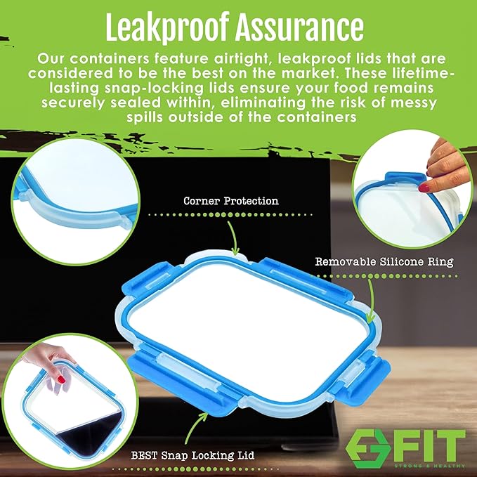 FIT Strong & Healthy Glass Meal Prep Containers 3 Compartment - Bento Box Adult Lunch Containers – Glass Snack Container with Lids, Leak-Proof Cover, Sectioned Storage Container, 32oz, Blue, 3 Pack
