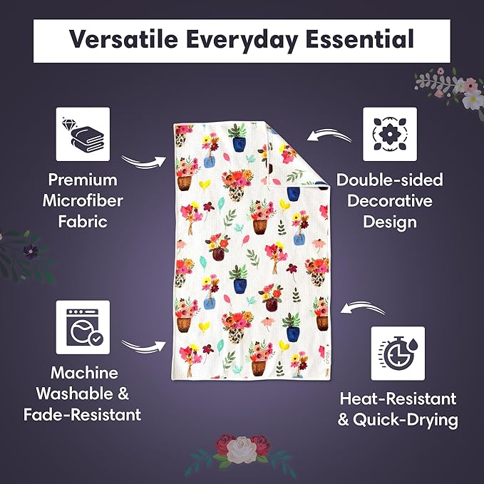 crae. Microfiber Hand Towel & Washcloth Set of 2 - Double-Sided, Waffle Weave, Super Absorbent, Lint-Free, Fast Drying - for Bathroom, Kitchen, Car, and Window Cleaning (Petal Lane/Posey)