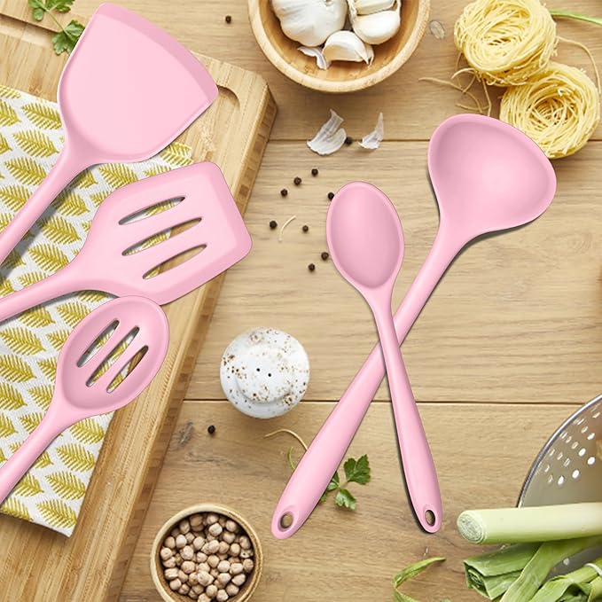 E-far Pink Silicone Cooking Utensils Set, 10-Piece Kitchen Utensil Set for Nonstick Cookware, Silicone Kitchen Tools with Spatula Turner Spoon Tongs Whisk, Heat Resistant & Non-Toxic, Dishwasher Safe