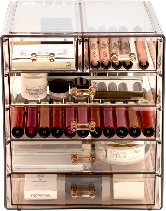 Sorbus Acrylic Makeup Organizer Set, 6-Drawer Vanity & Countertop Cosmetic Storage with Small & Wide Drawers, Bronze Glow Makeup Storage for Brushes