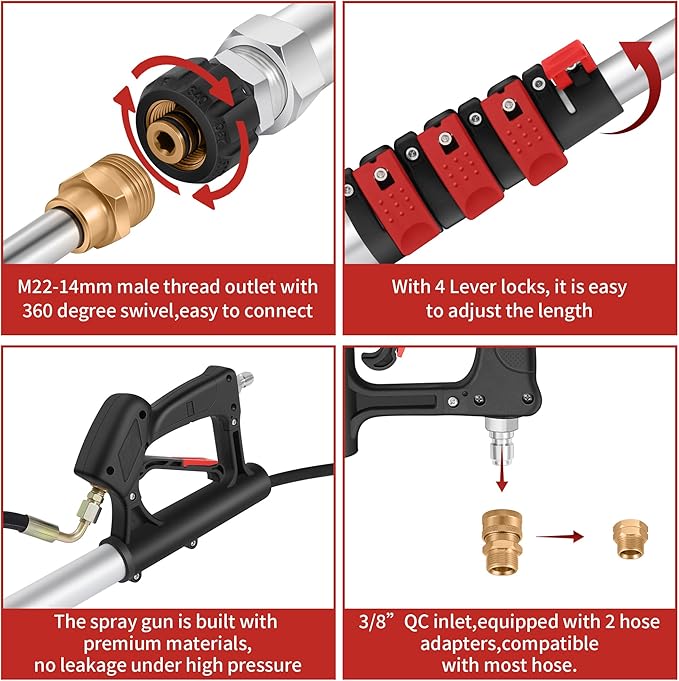 24 FT Gutter Cleaning Tools from The Ground - Telescoping Pressure Washer Wand - Gutter Cleaner Attachment with Power Washer Extension Wands