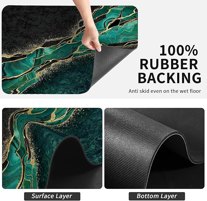 Dish Drying Mat for Kitchen Counter, Green and Gold Marble Washable Absorbent Quick Dry Pad with Rubber Backing, Draining Mat for Dishes Coffee Table, 12" x 20"