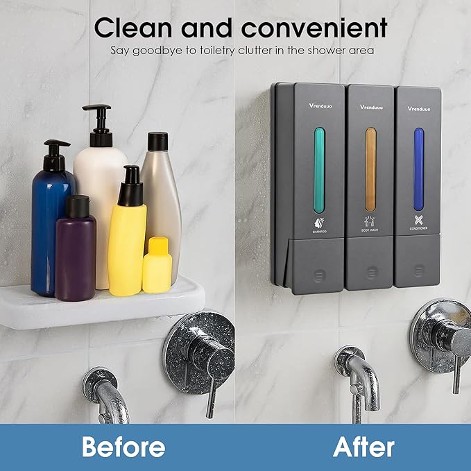 Shampoo and Conditioner Dispenser,Shower Dispenser 3 Chamber No Drill,Shower Soap Dispenser Wall Mounted for Bathroom Hotel with Upgrade Pump Head,3 * 400ml, (Gray 3 Chamber)