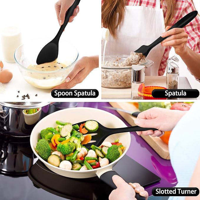 P&P CHEF Silicone Cooking Utensils Set of 7, Heat-proof Kitchen Utensils Set for Nonstick Cookware, Non-stick Spatula, Slotted Turner, Soup Ladle, Pasta Server, Spoon for Cooking Serving - Black