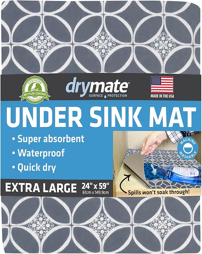 Drymate Premium XL Under Sink Mat, Waterproof Cabinet Protection Mats for Kitchen & Bathroom, Absorbent Shelf Liners, Slip-Resistant, Non-Adhesive, Machine Washable (USA Made)(24”x59”)(Indigo Grey)