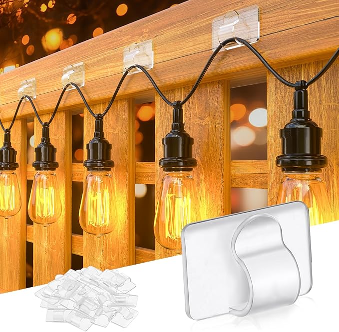 Brightown Hooks for Outdoor String Lights, 15 Cable Clips and 20 Adhesive Strips, Cord Organizer for Indoor Outdoor String Lights Christmas Decor, Cable Management for Wall Desk Ceiling, Clear