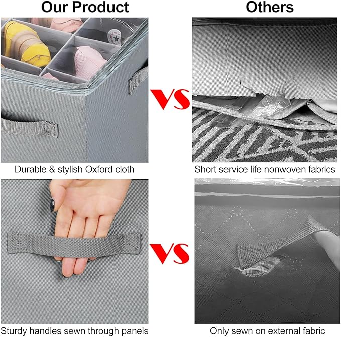 TOPIA HOME Shoe Organizer for Closet 2 Pack, Foldable Shoe Box with Adjustable Dividers and Clear Cover, Space Saving Shoe Storage Organizer Cabinet with Reinforced Handles, Fits 40 Pairs, Gray, TP11G