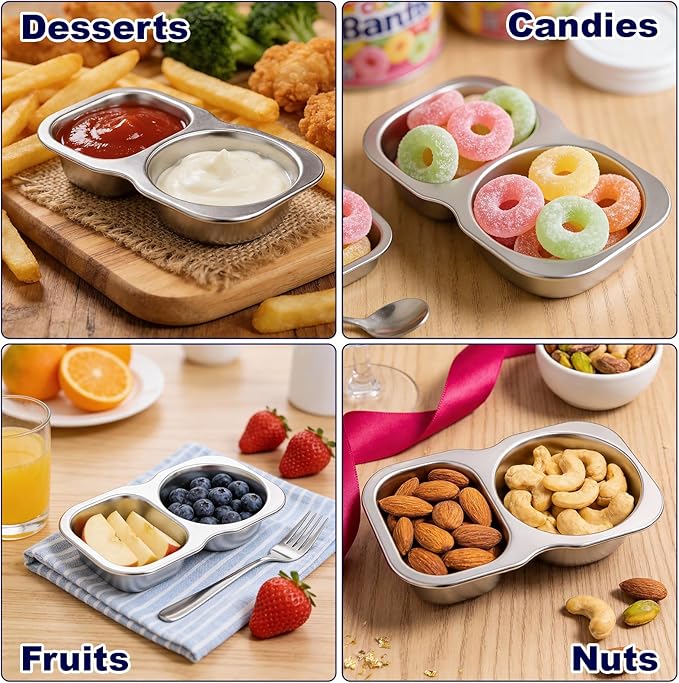 QCQHDU Snack Containers, 2-Compartment Small Stainless Steel Reusable Snack Boxes for Portion Control, Meal Prep Lunch Food Sauce Storage Lunchable Accessories Salad Dressing Containers to Go, 6 Pack