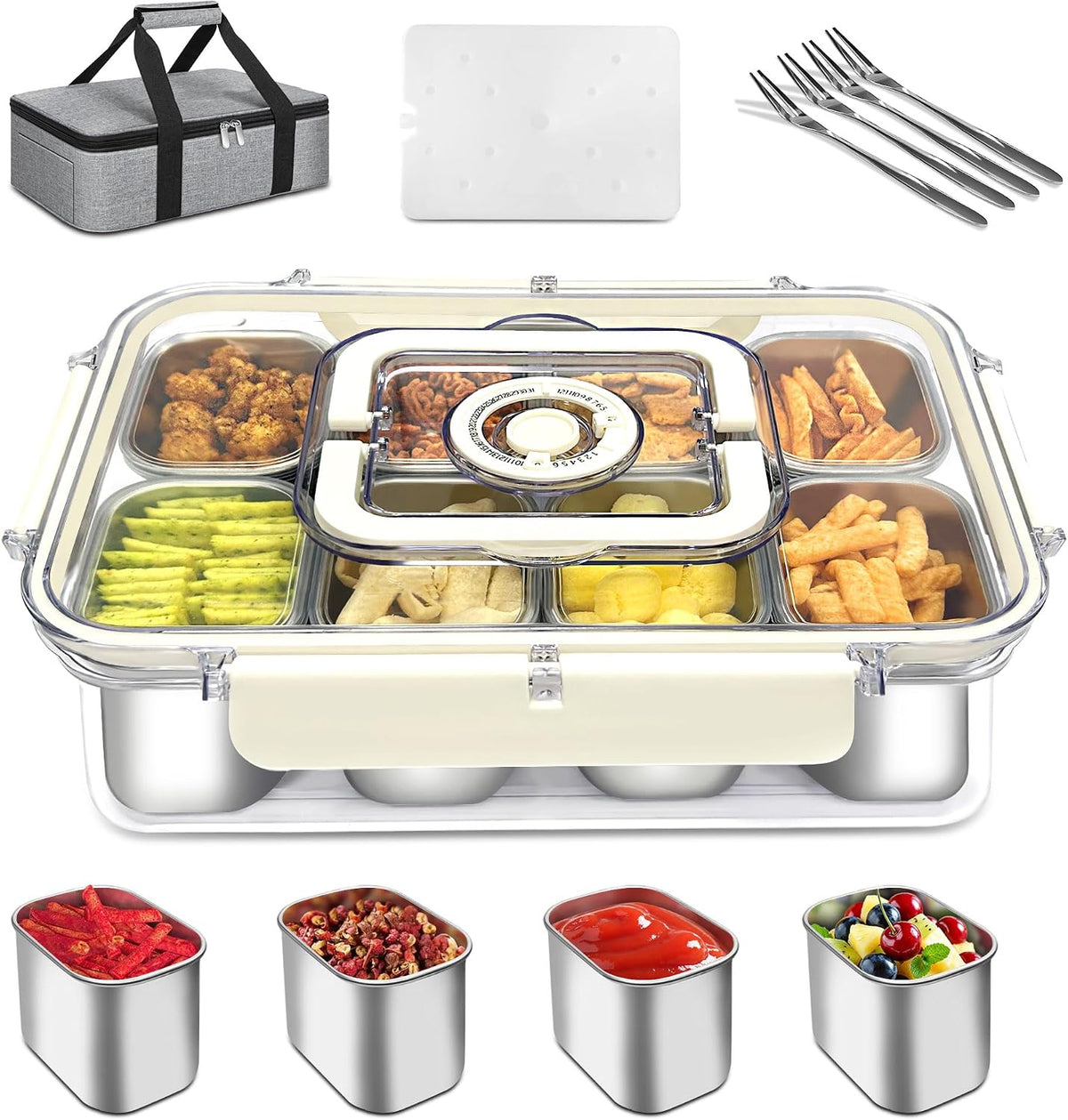 Stainless Steel Snack Box Container with Ice Pack, Insulated Bag&4 Forks