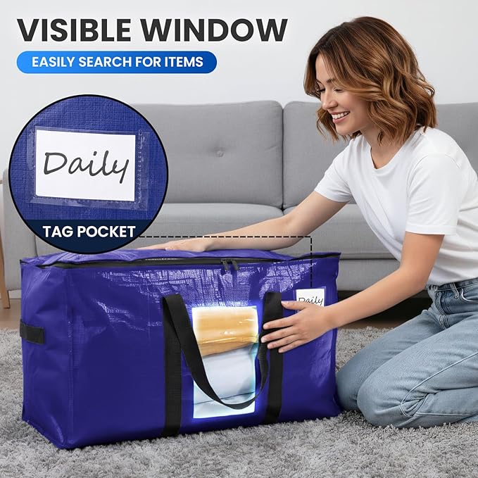 8 Pack Dark Blue Extra Large Moving Bags, Heavy Duty Totes with Visible Window
