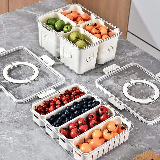 MineSign Divided Snackle Box with Lids Stackable Food Serving Tray for Fruit&Veggie Plastic Fridge Storage Container for Pantry Freezer Clear Snack Box for Meal Prep Candy Nuts Spice