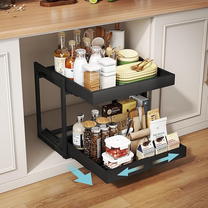 Golener 2-Tier Expandable Pull Out Cabinet Organizer - Pull-Out Drawers for Kitchen Cabinets, 2 Slide Home Storage Organizers, Slide Out Shelves for Base Cabinet Organization in Kitchen, Black Metal
