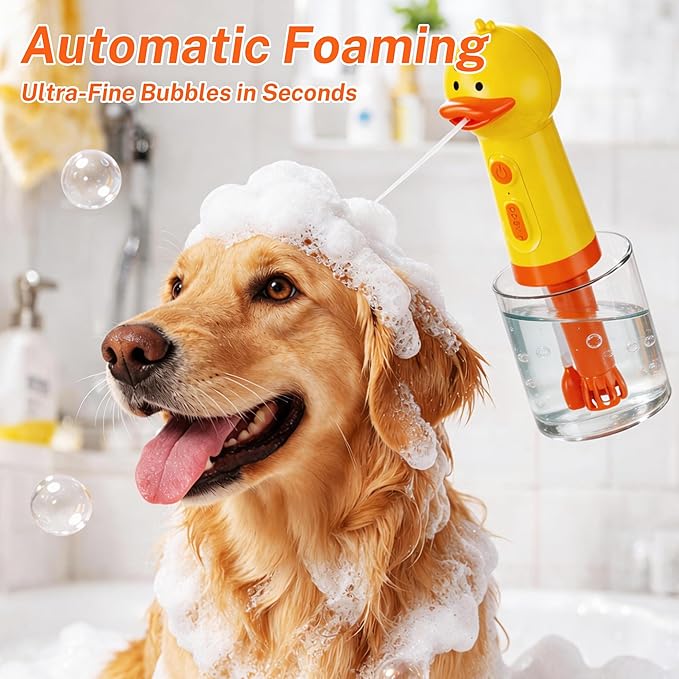 Electric Duck Foam Sprayer with Automatic Foaming Soap Dispenser, Rechargeable Dog Shampoo Dispenser, Suitable for Dog Bath, Kitchen and Pet Cleaning,10.08 × 3.27 × 3.27 inch