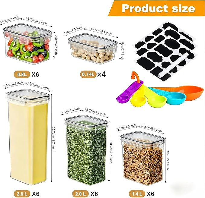 stusgo 28 Pack Airtight Food Storage Containers with Lids, BPA Free Clear Pantry Storage Container for Kitchen Food Pantry Organizers and Storage, Plastic Pantry Organiser for Cereal,Flour and Sugar