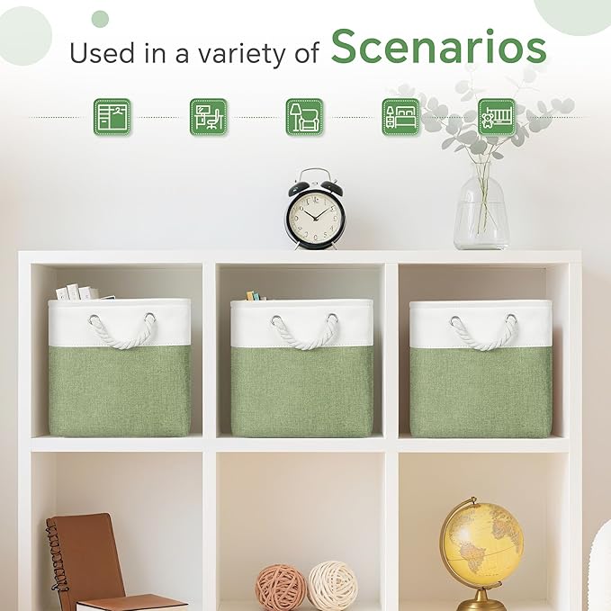 FinishingBo Fabric Cubes Storage Basket, 6 Pack 11x11 in with Handles Cube Storage Bins, for Shelves, Home, Office Organizers (White/ Green)