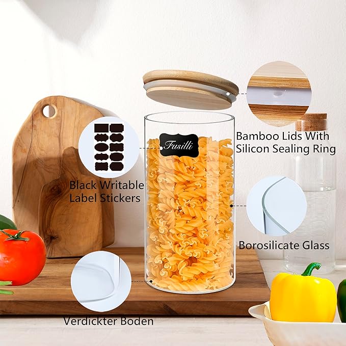 VIEWELLD 1.5 Qt Glass Storage Containers (Set of 3) - Noodles, Flour, Coffee