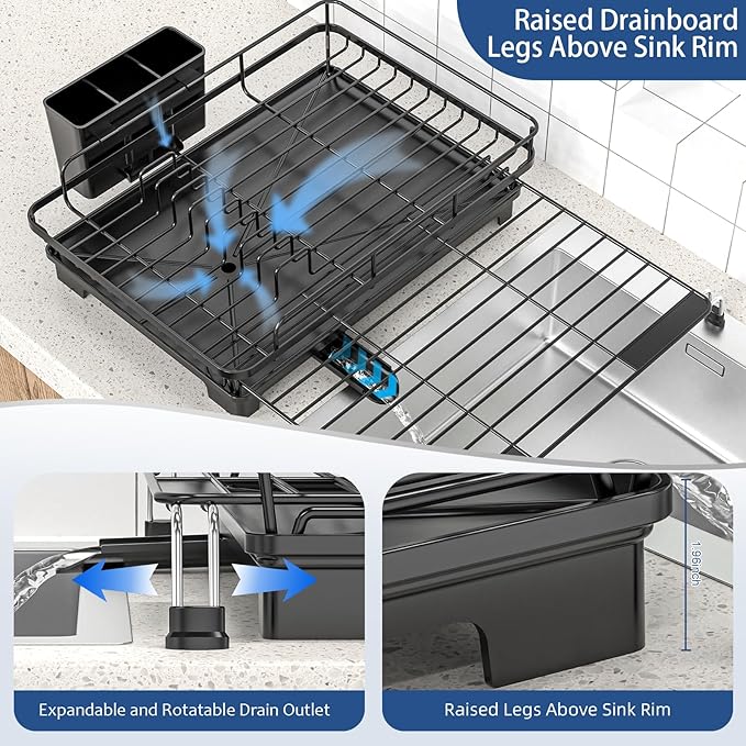 Expandable Dish Drying Rack, Rust-Proof Metal Dish Racks for Kitchen Counter with 360° Swivel Drain Spout, Space-Saving Dish Drainer with Utensil Holder for Small Apartment & Home Organization, Black