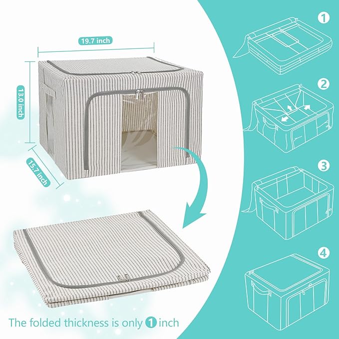 3 Pack Clothes Storage Bins, Foldable Metal Frame Storage Box with Lids,Stackable Linen Fabric Organizer Set with Carrying Handles,Zippers,and Clear Window (Grey Stripe, 66L)