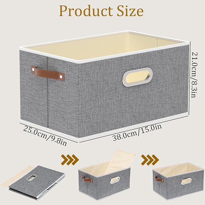 Yawinhe Foldable Storage Baskets for Shelves, Fabric Closet Organizers, Bins with 3 Handles, Cubes for Clothes, Grey, 15''Lx9.8''Wx8.3''H, 4-Pack