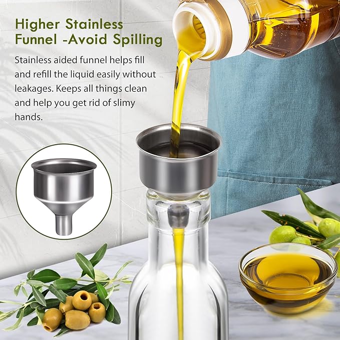 YEBODA 8oz Clear Glass Olive Oil Dispenser Bottles, and Vinegar Cruet Bottle Includes Pourers, Funnel Labels, Cooking Container for Kitchen 6 Pack