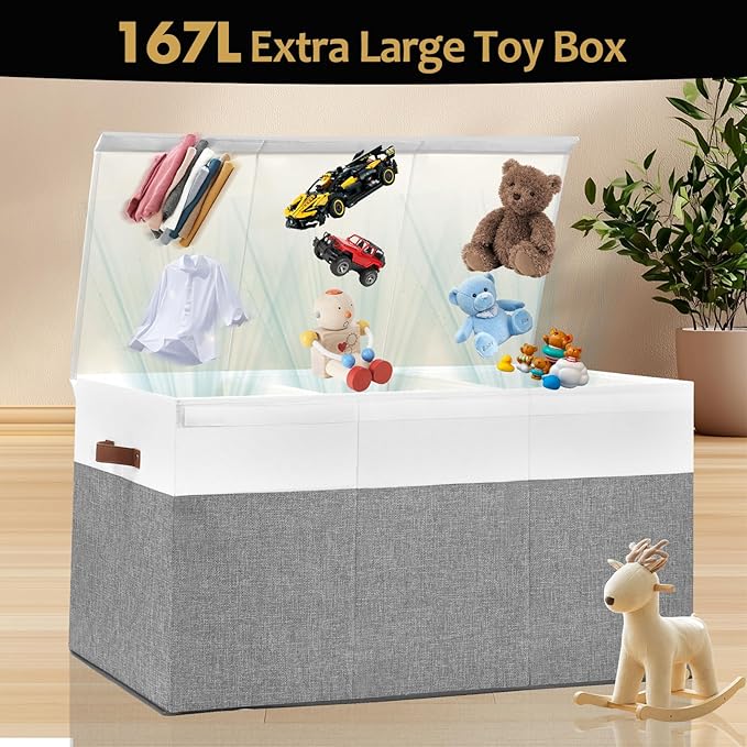 Gowee Extra Large Toy Storage Box with Lid, Sturdy Toys Storage Chest Bin Organizer Basket with Dividers for Kids, Boys, Girls, Nursery, Closet, Bedroom, Playroom 35.5"x17" x17"(Grey and White)
