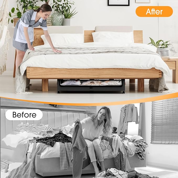 SpaceHacks Under Bed Storage with Wheels 1Pack Storage Containers with Clear Window&Label Under Bed Drawers Rolling Under Bed Storage for Clothes