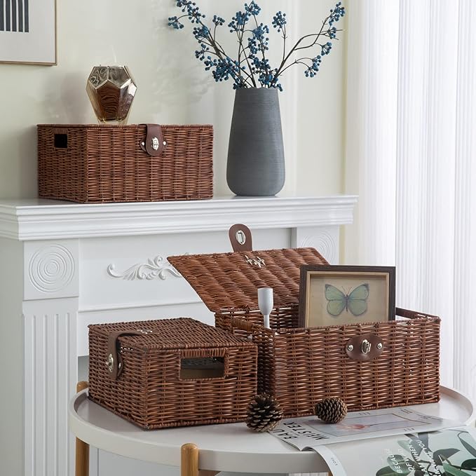 Set of 3 Woven Wicker Storage Basket Box with Lids & Lock, Natural