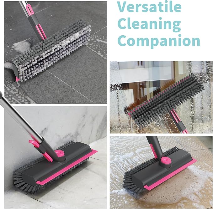 AIR U+ Floor Scrub Brush with Long Handle, 3 in 1 Scrape and Heavy-Duty Stiff Bristle Scrubber Brush for Cleaning Shower Bathroom, Patio, Pool, Garage
