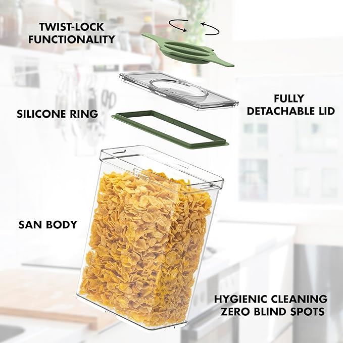 4-Pack Airtight Pantry Containers, 1.9 QT / 1.8 L Clear Food Storage Jars with Leakproof Twist-Lock Lids, Detachable Lid for Easy Cleaning, Cereal, Pasta, Rice, Oats, Snack Storage -Black