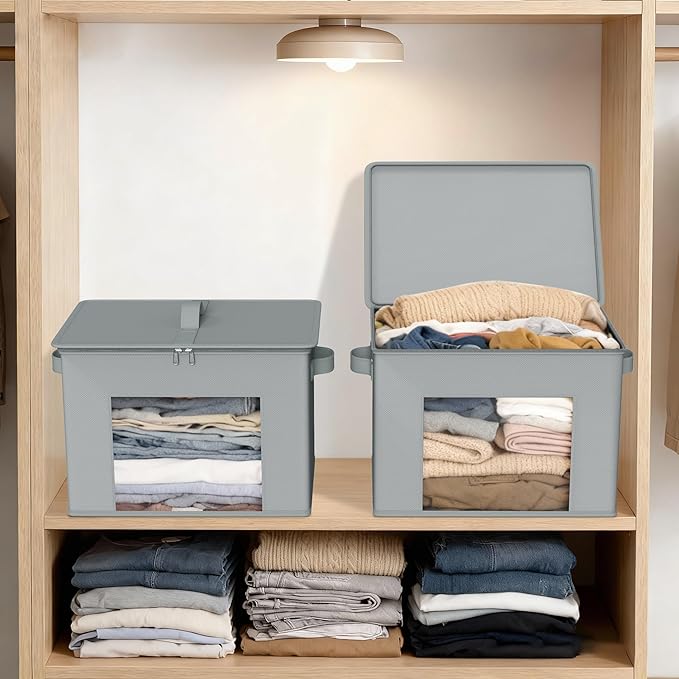 Zilink Fabric Storage Bins with Lid 4-Pack Stackable Closet Storage Bins Sweater Organizer with Zipper & Clear Window Closet Organizers and Storage Box for Home, Bedroom (Light Grey,17" x 12" x 12")