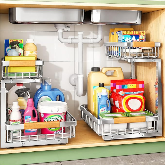 Under Sink Organizer, Stainless Steel 2 Packs 2 Tier Under Sink Organizers and Storage, Slide out Pull out Cabinet Shelf