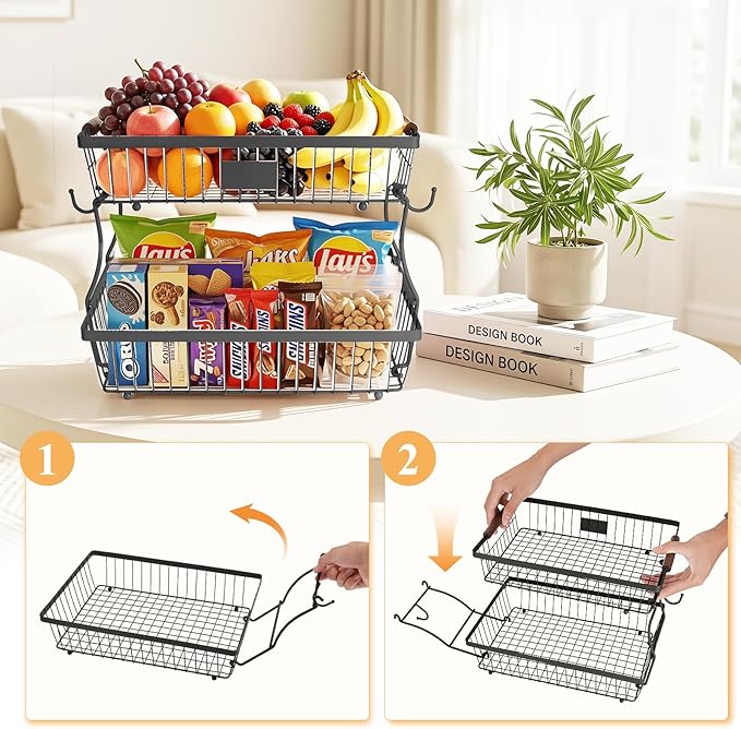 2-Tier Stackable Wire Basket with 2 Banana Hooks, Pantry Organizer for Kitchen Countertops, Cabinets & Under-Sink Spaces; Ideal for Storing Snacks, Fruits, Veggies, Onions, Potatoes, & More,Black