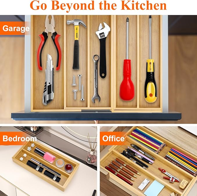 Large Bamboo Silverware Drawer Organizer Tray Kitchen Tool Drawer Divider Organizers Storage Expandable Cooking Utensil Organizer Wooden Cutlery Tray Spoon Flatware Organizers Utensil Holder Drawers