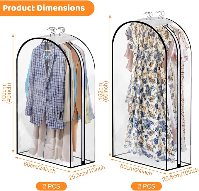 Dntorx 4 Pack Full Clear Garment Bags with Side Zipper, 40&60" Clothes Covers with 10" Gusset