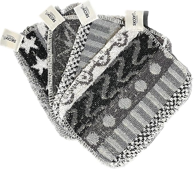 Skoy Scrub, 4-Pack Reusable, Non-Scratching Dish Scrubber for Kitchen and Household Cleaning, Planet-Friendly, Dishwasher Safe Soft Scrub, Monochromatic Colors