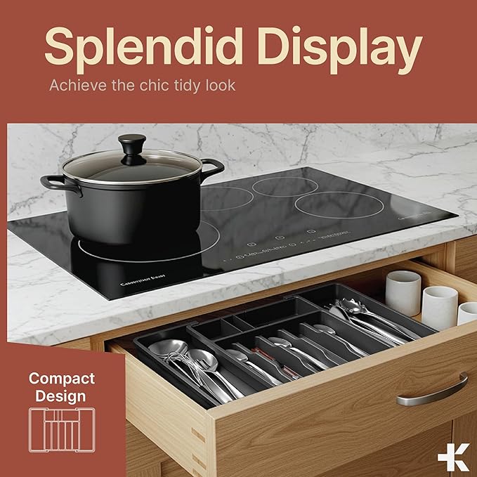 Black Expandable Utensil Drawer Organizer 2 Pack, Adjustable 13” to 22.4”, 8 Compartment Silverware Organizer for Kitchen Utensils, Spatulas, Cutlery