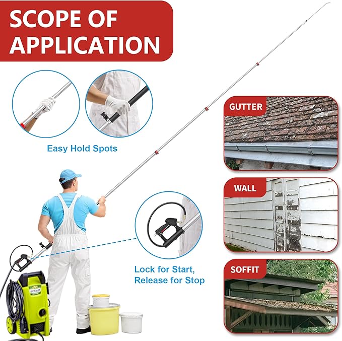 24 FT Telescoping Pressure Washer Wand - Gutter Cleaner Attachment with Power Washer Extension Wands, 7 Spray Nozzle Tips, 3 Hose Adapters