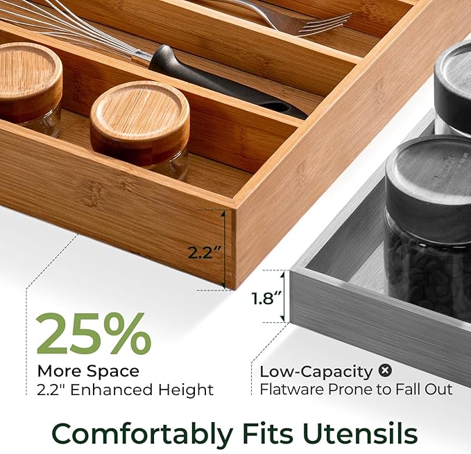 Carbonized Bamboo Kitchen Drawer Organizer, 8 Slots Silverware Organizer