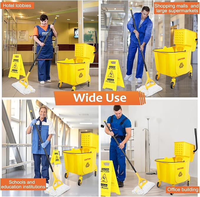 38 Qt Commercial Mop Bucket with Side Press Wringer on Wheels and Mops Set for Floor Cleaning,Including 1 Industrial Mop and Wet Floor Caution Sign,Yellow,Beyoco