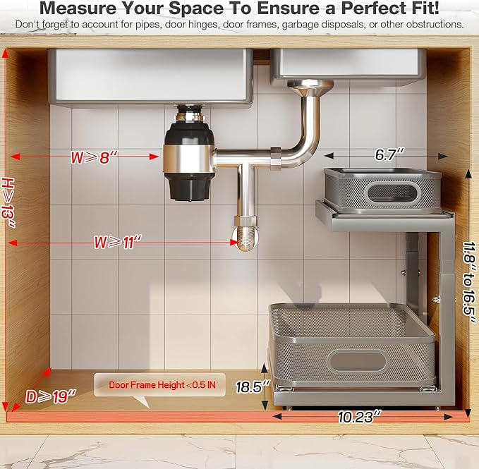 2-Pack 18.5 IN Depth Under Sink Organizer With Next-Gen Ball-Bearing Slides,Sophisticated Mesh 2-Tier Pull Out Shelf for Kitchen & Bathroom,Fits Small Items-Gun Gray