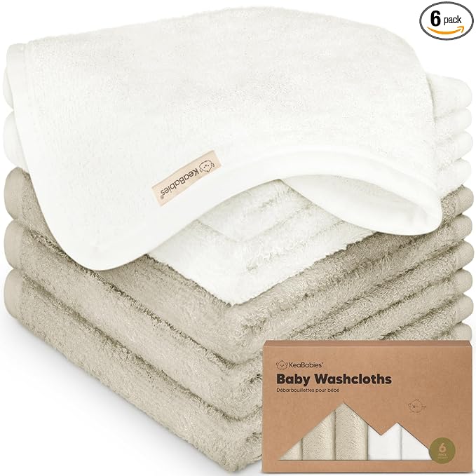 6-Pack Baby Washcloths – Soft Absorbent Viscose from Bamboo Washcloths for Face, Body, Baby Towels for Newborn, Kids, Toddlers, Infant,Gentle on Sensitive Skin,10x10 Reusable Face Towels(White/Stone)