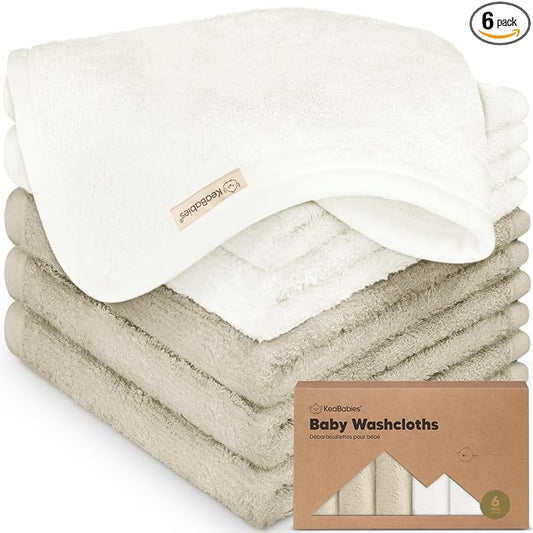 6-Pack Baby Washcloths – Soft Absorbent Viscose from Bamboo Washcloths for Face, Body, Baby Towels for Newborn, Kids, Toddlers, Infant,Gentle on Sensitive Skin,10x10 Reusable Face Towels(White/Stone)