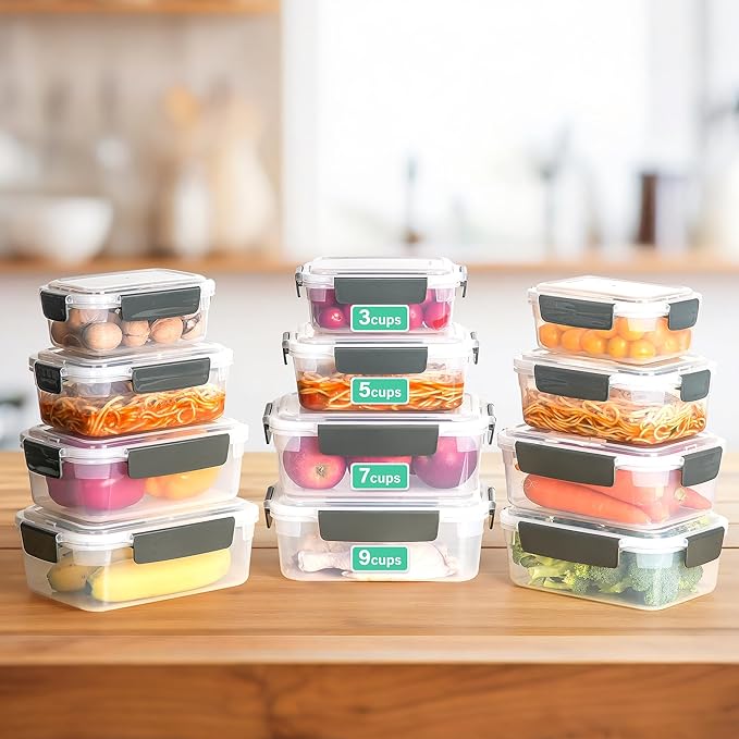YORY 7 cup Plastic Food Storage Containers with Lids Nestable Freezer Dishwasher Safe Rectangle Meal Prep Container Set,5-Pack