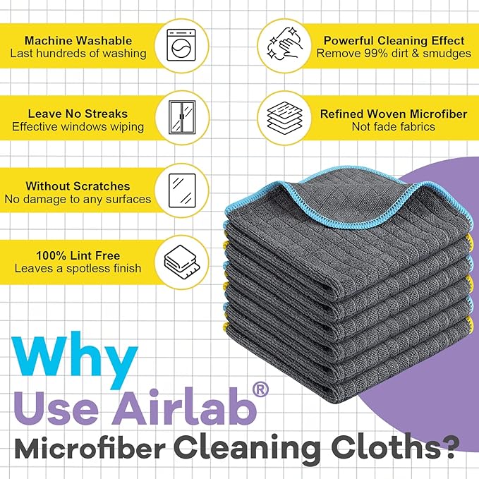 Airlab Microfiber Cleaning Cloth for Household Dust Rags for Cleaning All-Purpose Towels Streak Free Kitchen Dishes Reusable Pack of 6, 12" x 12"