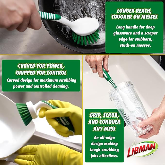 Libman Green & White Cleaning Brush Kit, 3-Piece Set, All-Purpose Brushes for Kitchen, Basins, Sinks, Dishwashers