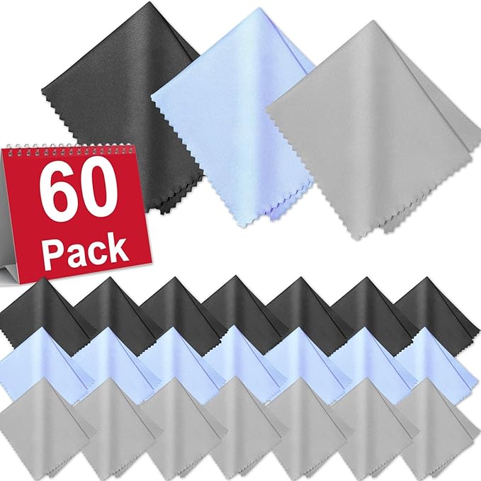60-Pack Microfiber Cleaning Cloths for Glasses, 6x7 Inch Premium Lens Cleaning Cloth for Screens, Cameras, Eyeglasses, Cell Phone, LCD TV Screens，Black，Grey and Light Blue