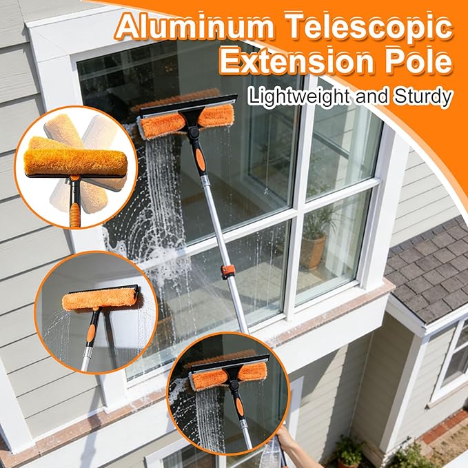 26FT Window Cleaning Kit, 2-in-1 Squeegee with 5-20FT Telescoping Pole & Flip-Lock & Screw Dual Locking