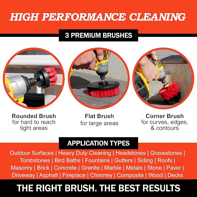 Drillbrush Heavy Duty Stiff Bristle Brush Kit – Power Scrubber Attachment for Concrete, Brick, Siding, Stone, Driveways, Fireplaces, Hard Water Stains, Gravestone & Cemetery Headstone Cleaning Brushes